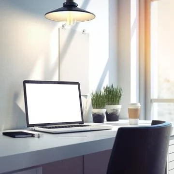 Workspace with silver modern laptop. 3d rendering 库存插图