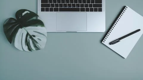 Workspace with spiral notebook  and leaf monsters on pastel background. Stock-Fotos