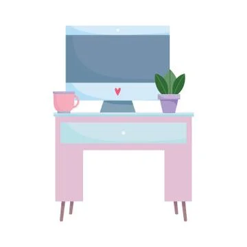 Workspace table with computer coffee cup and plant isolated design white Stock Illustration