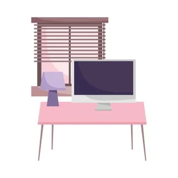 Workspace table computer lamp and window isolated design white background Stock Illustration