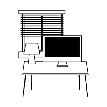 Workspace table computer lamp and window isolated icon line style Stock Illustration