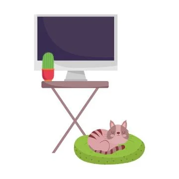 Workspace table with computer screen cactus and cat in cushion isolated design Stock Illustration