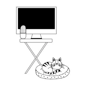 Workspace table with computer screen cactus and cat in cushion isolated icon Stock Illustration