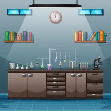 Workspace with table full of instruments for scientific experiment Illustrazione stock