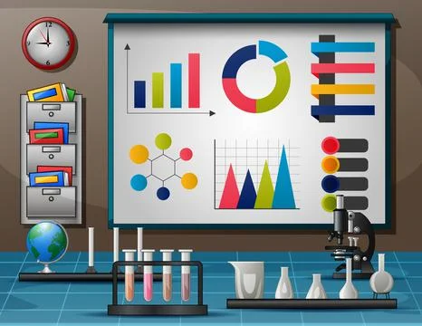 Workspace with table full of instruments for scientific experiment Illustrazione stock