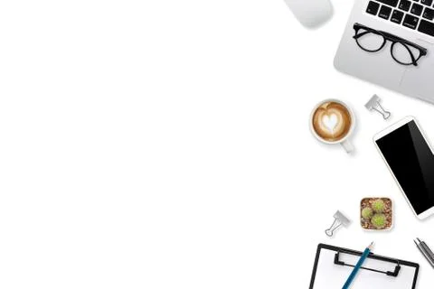 Workspace table with laptop computer, office supplies on white background Stock Photos