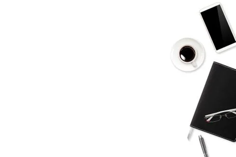 Workspace table with laptop computer, office supplies on white background Stock Photos