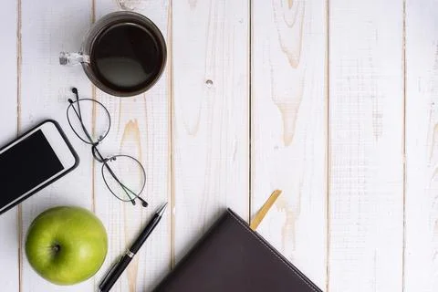 Workspace top view background , office accessory on white wooden table Stock Photos