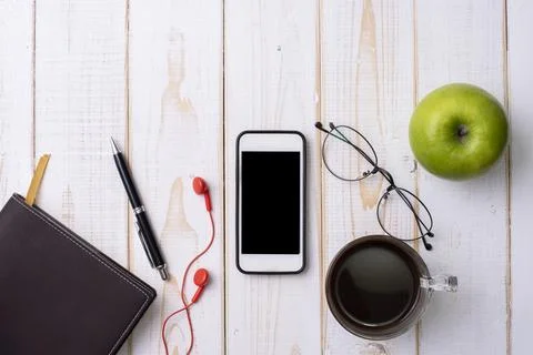 Workspace top view background , office accessory on white wooden table Stock Photos