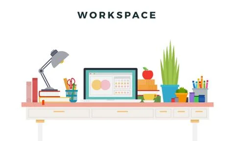 Workspace vector illustrator in flat design. Workplace of designer with devices Stock Illustration