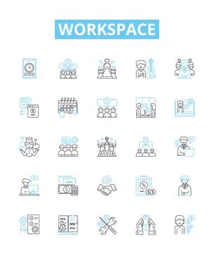 Workspace vector line icons set. Office, Room, Desk, Table, Area, Bench, Cubicle Illustrazione stock