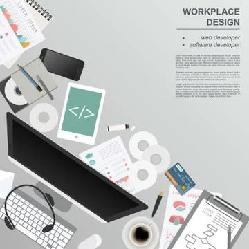 Workspace of the web developer, software developer. Mock up for creating your 스톡 일러스트