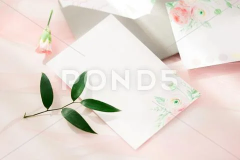 Workspace. Wedding invitation cards. Stock Photos