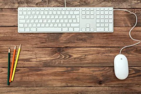 Workspace on wood table Stock Photos