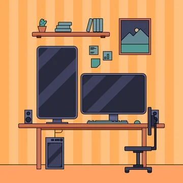Workspace, work at home, desktop computer monitor, vector illustration Stock Illustration