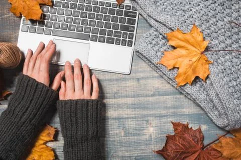 Workspace with yellow and red maple leaves. Stock Photos