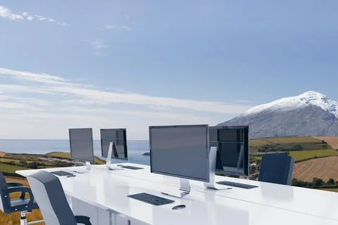 Workstation is being shown in flat design with desk, computer setup, office 스톡 일러스트