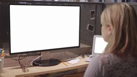 Workstation Business Office Background Computer Desk, Working Girl Designer Stock Footage 99239295