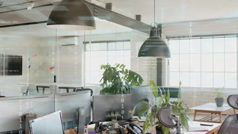 Workstation cluster showing binary overlay starting left, streaming then fading Stock Footage 334465948