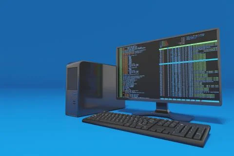 Workstation, desktop computer on blue background. Digital 3D render concept. Stock Illustration