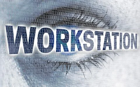 Workstation eye with matrix looks at viewer concept Stock Photos