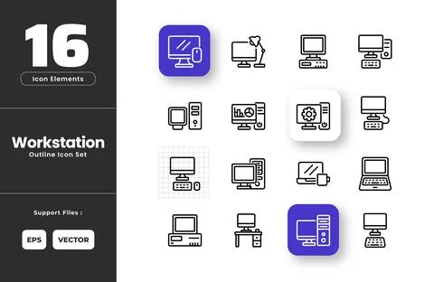 Workstation Icon Set Collection - Outline Line Art Style. Containing Workst.. Illustrazione stock