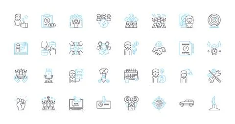 Workstation linear icons set. Productivity, Ergonomics, Multitasking, Efficiency Stock Illustration