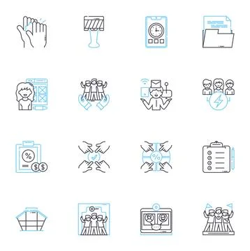 Workstation linear icons set. Productivity, Ergonomics, Multitasking, Efficiency Stockillustratie