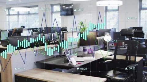 Workstation overlay animating teal bars and line plots after market dip, Vídeos de archivo 333553275