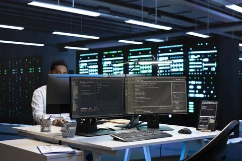 Workstation, programming and server room technology with computer code 写真素材