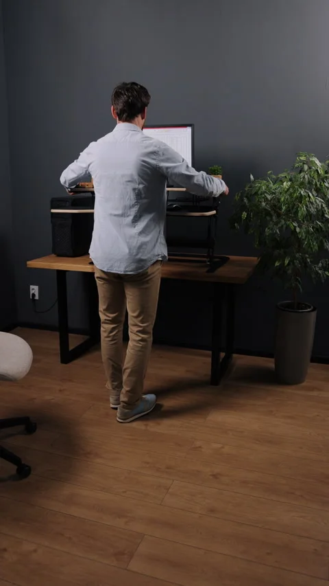 Workstation setup, Standing desk, Desk ergonomic Stock-Footage 297185625