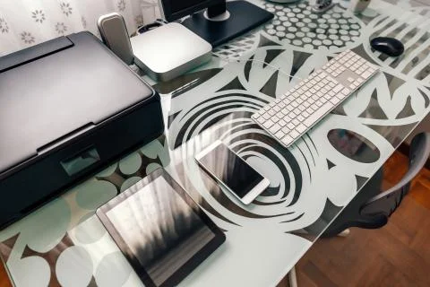 Workstation with table, computer and printer 스톡 사진