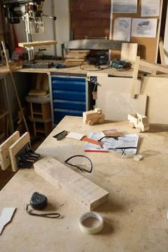 Workstation with Tools in Carpentry Workshop Stock Photos