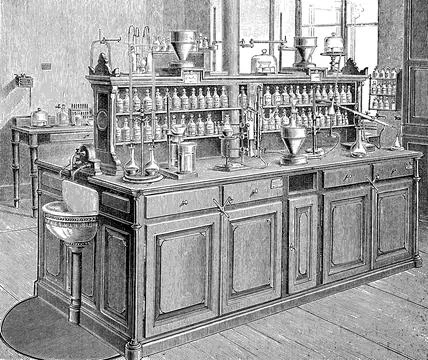 A worktable from the laboratory in Leipzig, Germany, in 1870, historical, イラスト素材