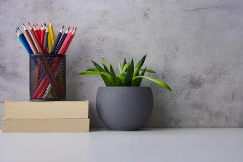 A worktable with two small books, lots of crayons and a plant and copy space Stock Photos