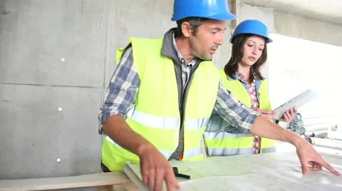 Workteam checking blueprint inside house under construction Video stock 14822841