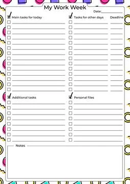 Workweek Task Planner Template with Checkboxes 库存插图
