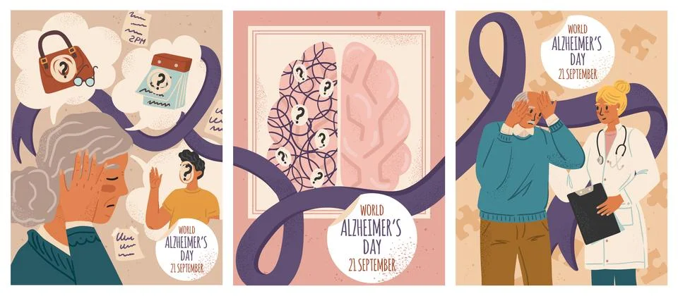 World Alzheimer day vector posters set. Old woman suffering from memory loss Stock Illustration