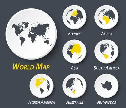 World and continent map on circle . Illustrazione stock