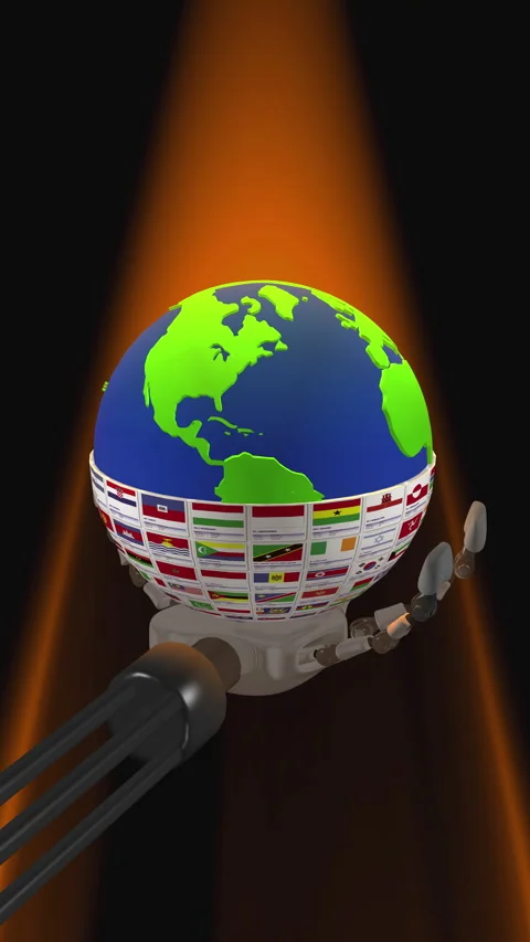 World and Country flags in robot hand Stockbeeldmateriaal 331796757