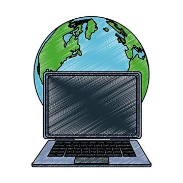 World and laptop scribble Illustrazione stock