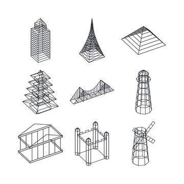 World architecture collection wireframe blueprint aerial view architecture 3d Illustrazione stock