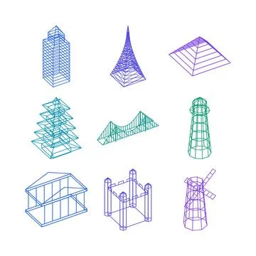 World architecture collection wireframe cool aerial view architecture 3d icon Stock Illustration