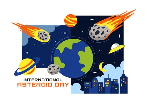 World Asteroid Day Vector Illustration Featuring Earth, Space Rockets, Mete.. Illustrazione stock
