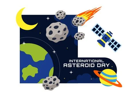 World Asteroid Day Vector Illustration Featuring Earth, Space Rockets, Mete.. Illustrazione stock