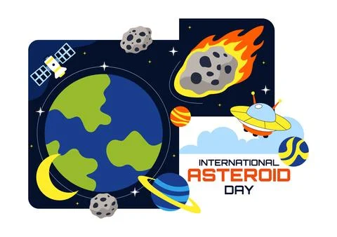 World Asteroid Day Vector Illustration Featuring Earth, Space Rockets, Mete.. Illustrazione stock