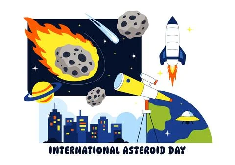 World Asteroid Day Vector Illustration Featuring Earth, Space Rockets, Mete.. Illustrazione stock