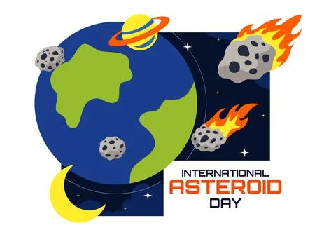 World Asteroid Day Vector Illustration Featuring Earth, Space Rockets, Mete.. Illustrazione stock