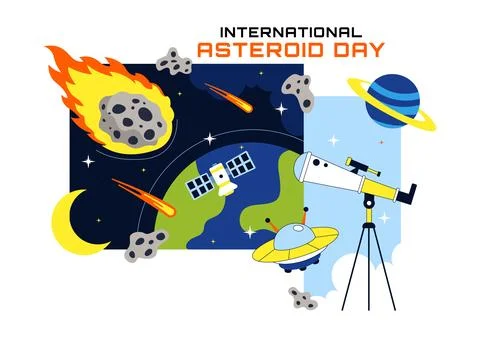World Asteroid Day Vector Illustration Featuring Earth, Space Rockets, Mete.. Illustrazione stock