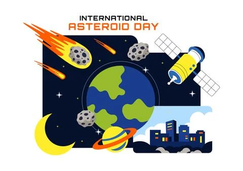 World Asteroid Day Vector Illustration Featuring Earth, Space Rockets, Mete.. Illustrazione stock